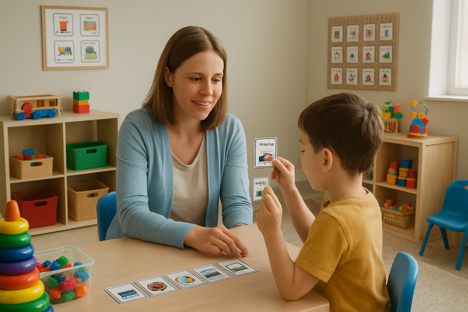 ABA clinic room with clinician and child using communication cards