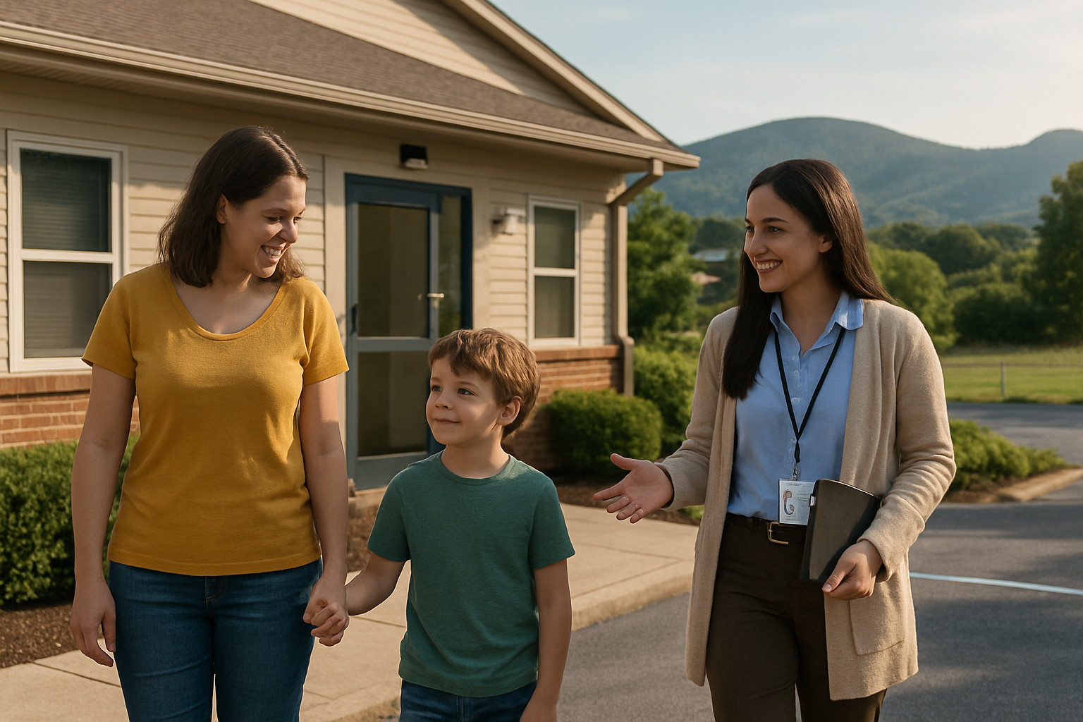 Family walking with a clinician near a local clinic entrance