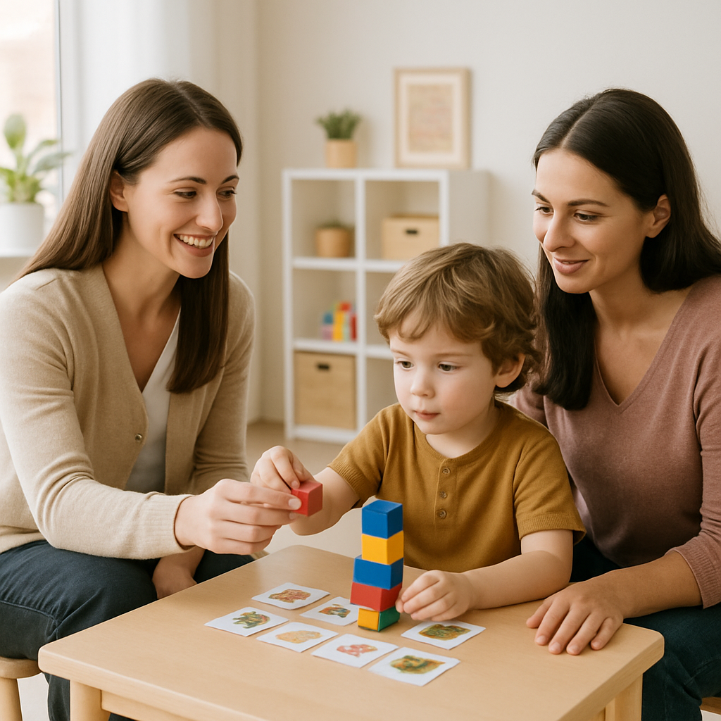 Clinician supporting a child and caregiver during play-based ABA therapy